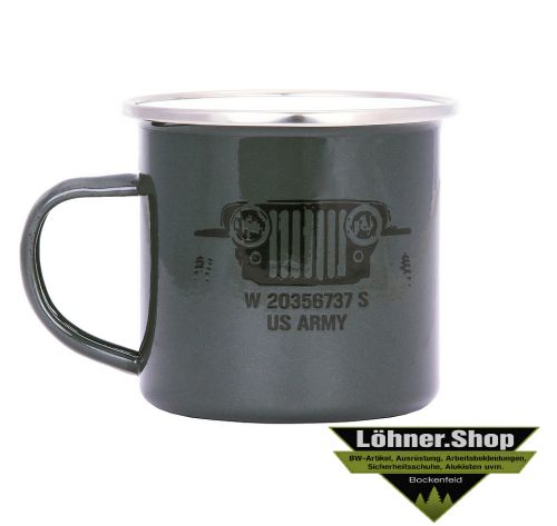 US Army Willys Jeep Tasse Becher emalliert Geschenkidee Motiv Emailletasse Neu