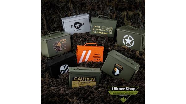 Munitionskiste Bombs Away Munikiste Ammo Box US Cal.50 Nato Metallkiste Box Transport